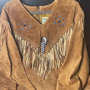 Brown Suede Fringe shirt with Blue Accents jewels, zip back